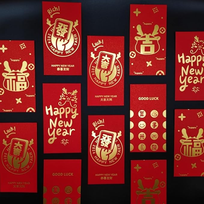 Red Envelopes Chinese 12 PCS,Lucky Money Envelopes,Gold Foil New Year Wishes Envelopes Red Pocket Hong Bao 6 Designs For 2024 The Dragon Lunar Year Spring Festival Birthday Wedding Party Cash Gifts