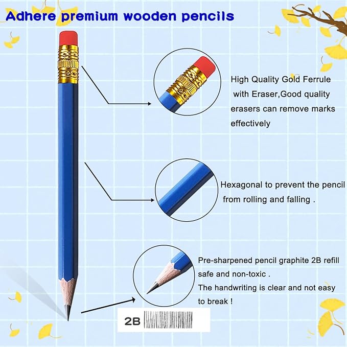 Adhere 25pcs Golf Pencils with Eraser Pre sharpened Hexagon half Wooden Pencils Graphite 2B for Golf Event Scoring,Classroom,Wedding,Company Meetings,Pew, Pocket (Blue)