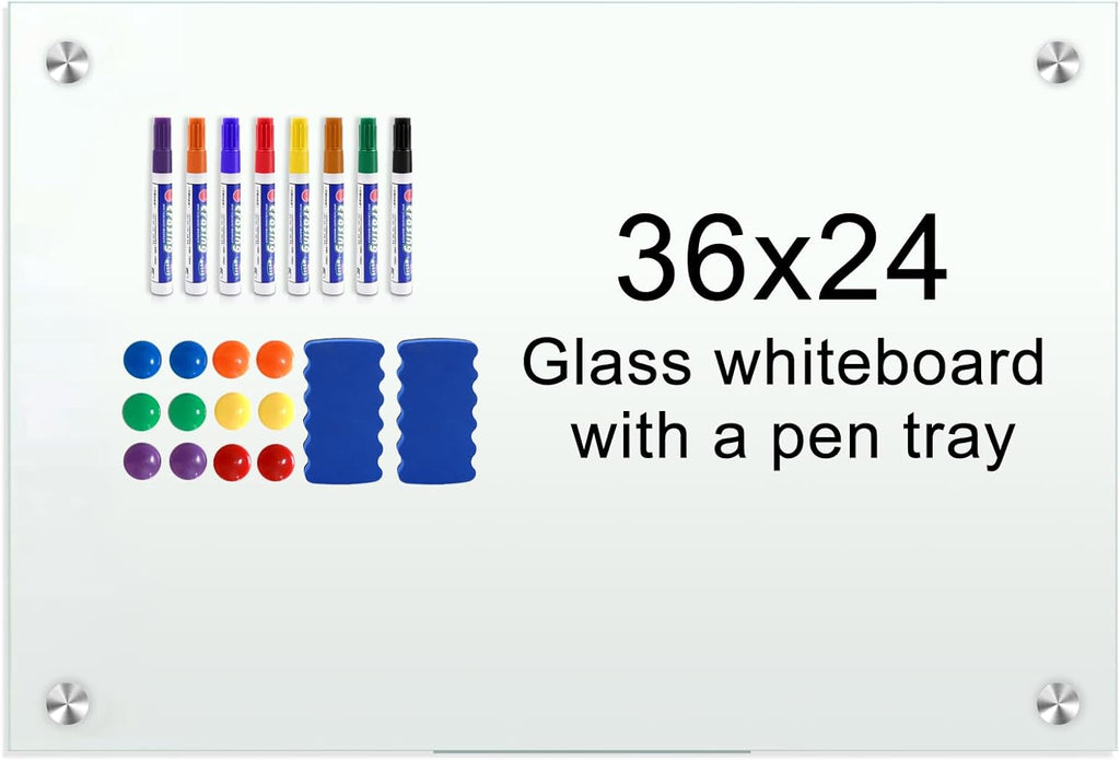 H-Qprobd Glass Whiteboard 36"x24" Magnetic Dry Erase White Board for Wall, Includes 12 Magnets, 8 Markers and 2 Erasers