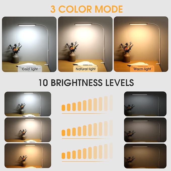 LED Desk lamp with Clamp, Eye-Caring Clip on Lights for Home Office, 3 Modes 10 Brightness, Long Flexible Gooseneck,Metal, Swing Arm Architect Task Table Lamps with USB Adapter, White