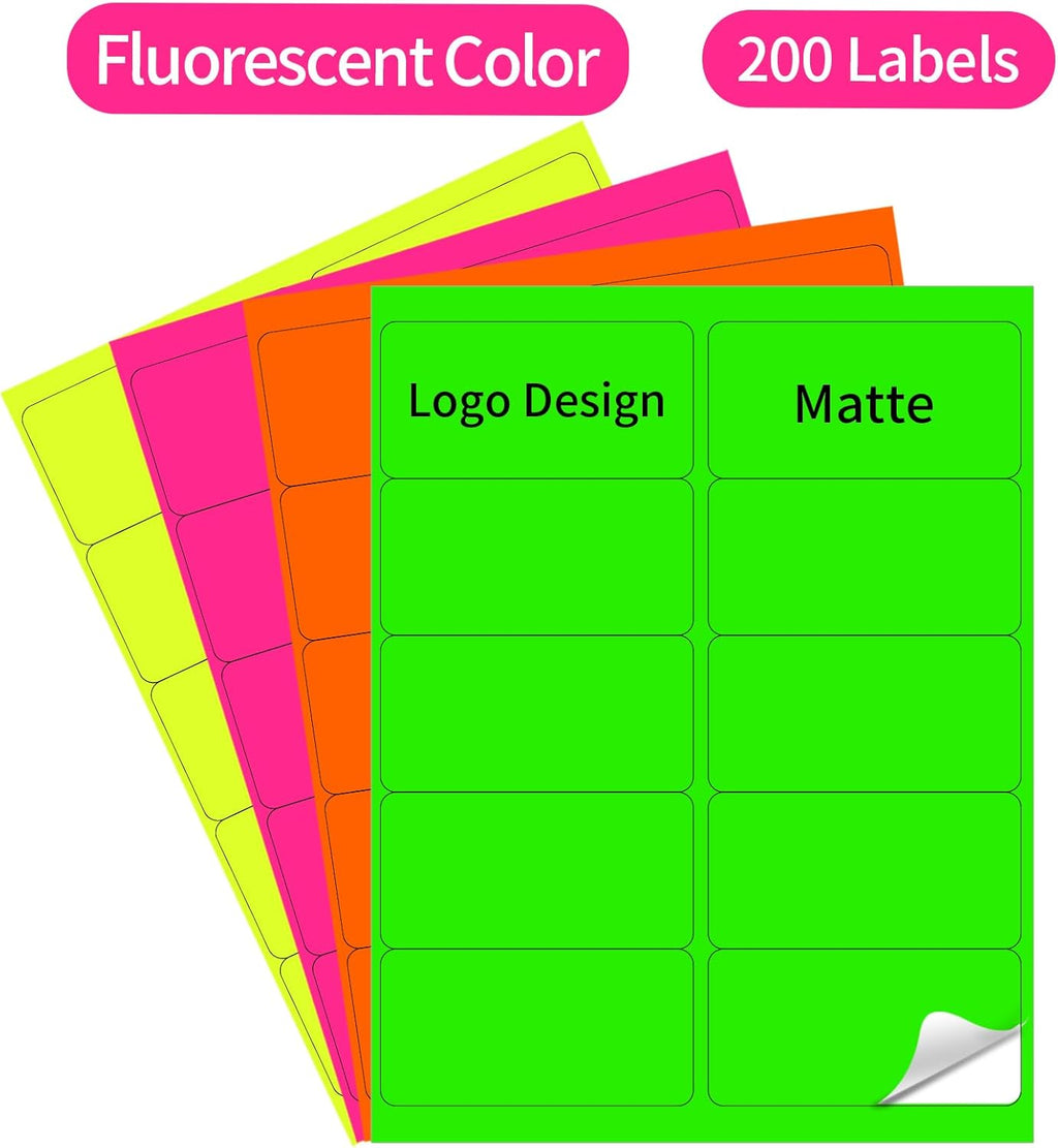 STARLIBOO 2" x 4" Colored Labels Stickers Fluorescent Bright Moving Labels for Laser/Inkjet Printer, Permanent Adhesive