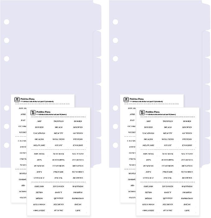DY.2ten White Binder Dividers for 6-Holes Ring Binder, 1/6 Cut Tabs, A6 Size, Sturdy Plastic Dividers with 6 Tabs for School Office Home, 2 Sets, 12 Dividers, 2 Tab Stickers.
