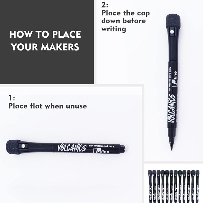 Volcanics Magnetic Dry Erase Markers With Eraser Low Odor Fine Tip Whiteboard Pens Pack of 12, Black
