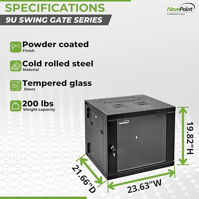 NavePoint Server Cabinet with Hinged Back - 21.6' Deep, 9U Rack Enclosure with Locking Glass Door, Wall Mount Rack with Removable Side Panels, Network Cabinet with 2 Fans, Pre-Assembled