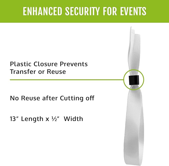 Wristco 100 White Cloth Event Wristbands – Plastic Closure to Prevent Transfer or Reuse – Premium-Grade Fabric Bracelets for Party Entry, Summer Camp, VIP Identification, Drink Ticket ID