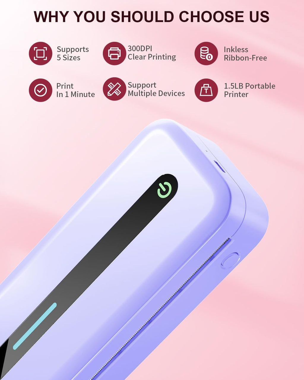 COLORWING Portable Printers Wireless for Travel, 300DPI Mini Compact Inkless Printer, Thermal Bluetooth Printer Compatible with Android and iOS Smartphone & Tablet & Laptop - Purple