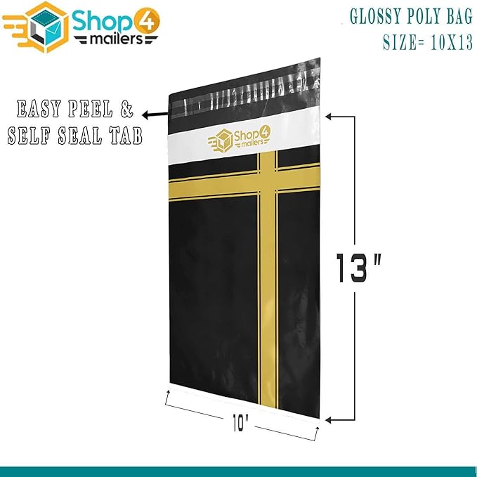 Shop4Mailers 10 x 13 Thank You Christmas Gift with Bow Black and Gold Holiday Poly Bag Mailer Envelopes 2 Mil (100 Pack, Black Gift)