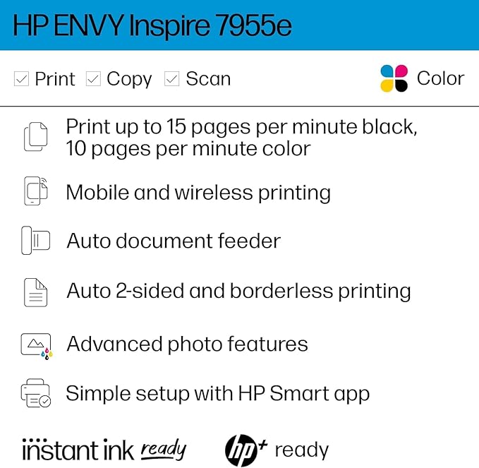 HP Envy Inspire 7255e Wireless Color Thermal Inkjet Printer, Print, scan, Copy, Easy Setup,Mobile Printing, Best-for-Home, Instant Ink (6 Months Included) (Renewed)