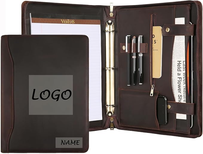 Portfolio Binder 3 Ring, Leather Binder Portfolio Folder for Left-Handed, Zippered Portfolio Padfolio Binder for Women, Leather Portfolio Organizer for Men (Dark Brown, Custom)