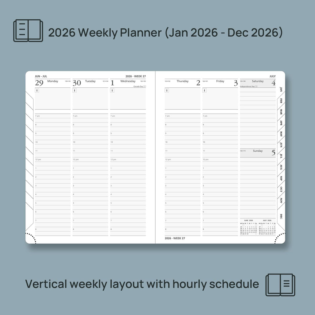 POPRUN 2026 Planner (Medium Size 8.5''x 6.5'' Hardcover) - Daily Weekly and Monthly Calendar Agenda 2026 Appointment Book with Hourly Time Slots, Monthly Tabs, 100 GSM - Light Yellow