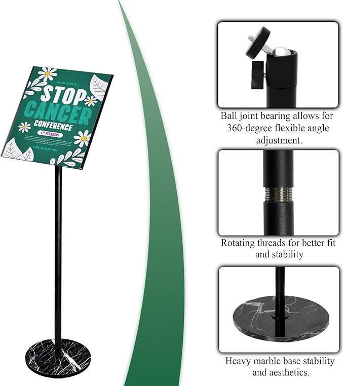 Adjustable Sign Holder 11 x 17, Floor Standing Sign Holder with Heavy Duty Marble Pedestal, Both Vertical & Horizontal View Sign Displayed Poster Stand for Store Business Show（Round）