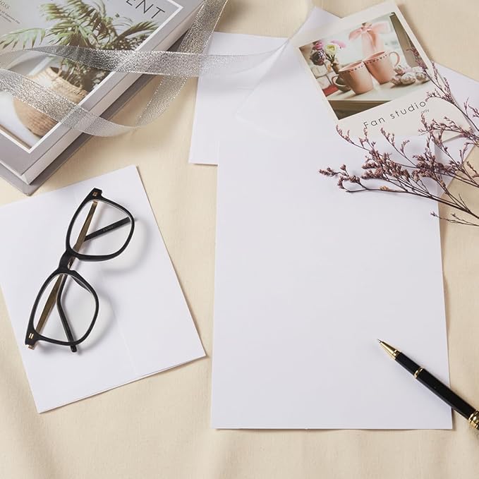 Wishop 50 Pack Self-Adhesive Envelopes with Fold Cards for Wedding Invitations, Greeting Cards, Baby Shower, Letter Mailing (White, 5x7)