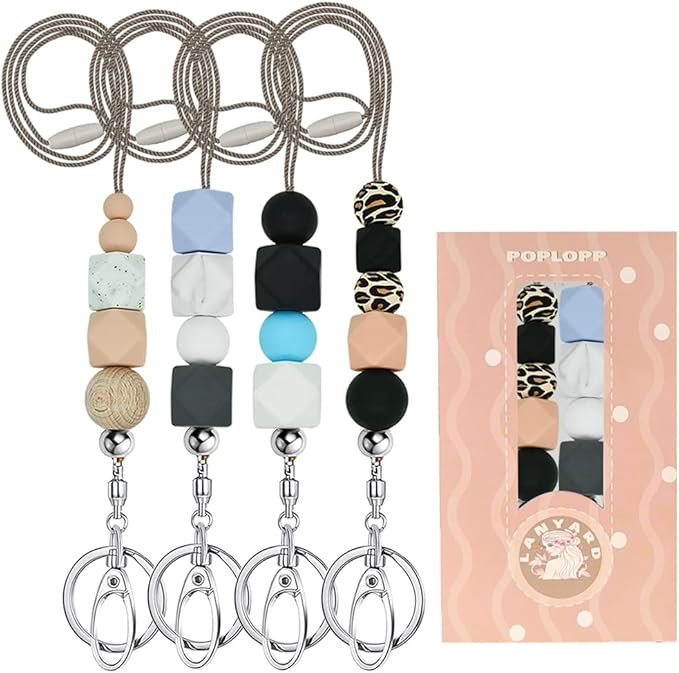 POPLOPP 4PCS Teacher Lanyards for ID Badges and Keys, Cute Silicone Beaded Lanyard for Women Nurse Employees Students