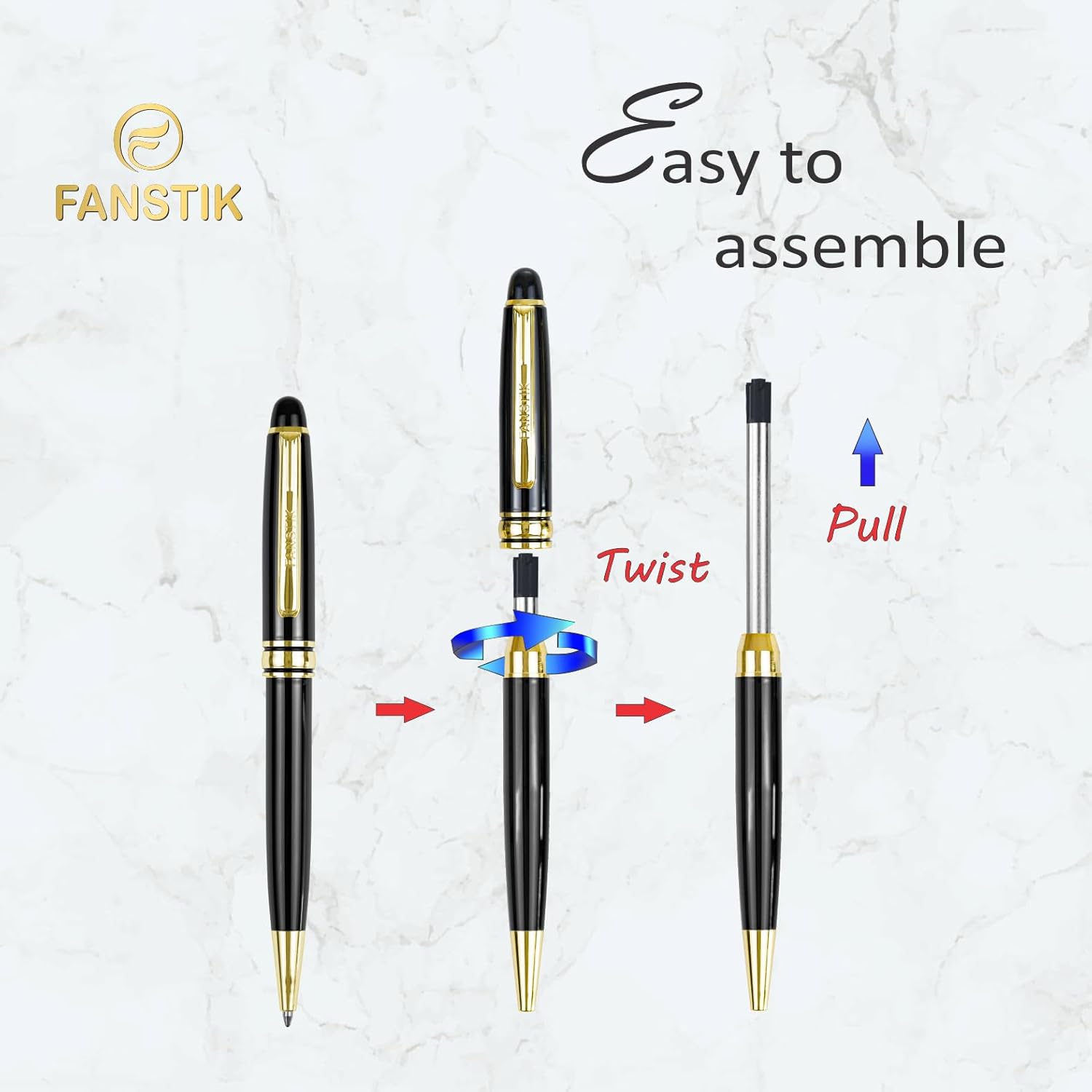 Customized BallPoint pen with name (MADE IN USA), stainless steel, black and gold, luxury engraved pen personalized for men and for women. (BallPoint Black-Gold)