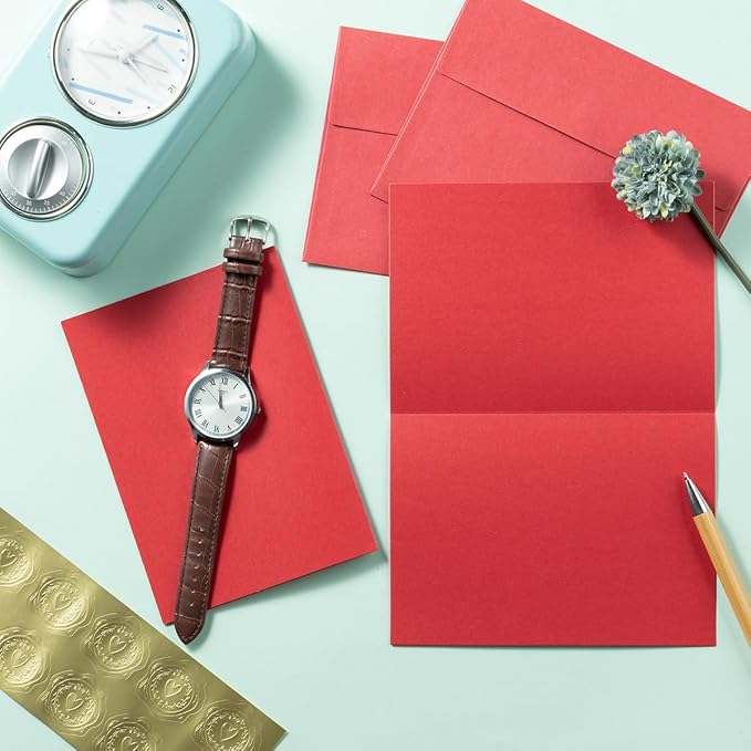Wishop 50 Pack Shiny Self-Adhesive Envelopes with Shiny Fold Cards for Wedding Invitations, Greeting Cards, Baby Shower, Letter Mailing (Red, 5x7)