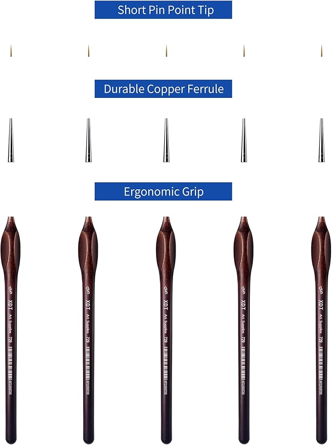 XDT#729 Micro Detail Paint Brush Artist Pin Point Painting Brushes 5 Piece #00000 Set，Acrylic Watercolor Oil, Fine Detailing Painting, Art, Scale Models, Easy Grip Triangular Handles