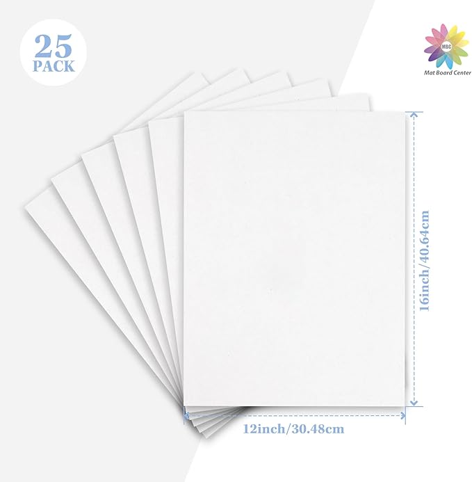 Mat Board Center, 25 Pack 12x16 Corrugated Cardboard sheet, 1/8 inch thick, Flat Cardboard Inserts for Mailing, Packaging & Shipping, Cardboard Backing, Craft Card Board (White on one side)