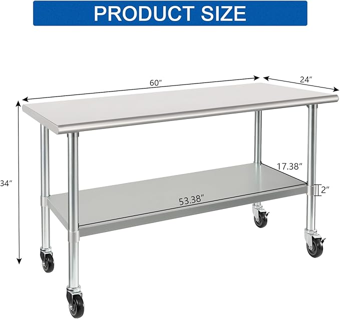 HARDURA Stainless Steel Table with Wheels 24 x 60 Inches Casters NSF Heavy Duty Commercial Work & Prep Table with Undershelf and Galvanized Legs for Restaurant Kitchen Bar and Hotel Garage