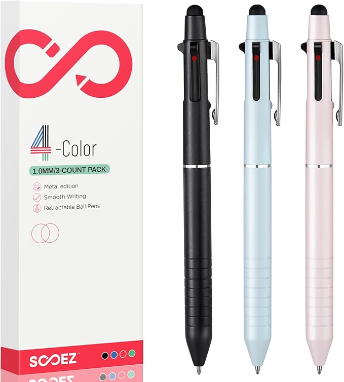 Sooez Multicolor Pen in One, Sleek Metallic 4 Color Ballpoint Pens, Medium Point (1.0mm), Retractable Ball Pen with Stylus Tip, Journaling Planner Pens for Nursing School Office Supplies, 3 Pack
