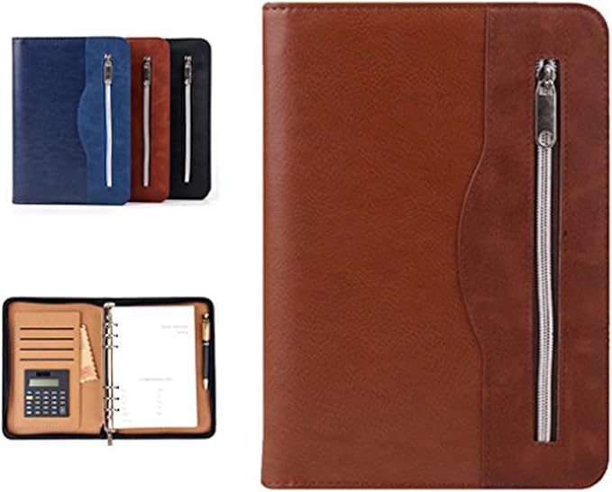 SAYEEC Leather Portfolio Notebook Binder with Calculator A5 6 Ring Refillable Budget Planner Binder Cover with Zipper Zippered Padfolio Organizer Business Journal Conference Folder Gifts for Men Women