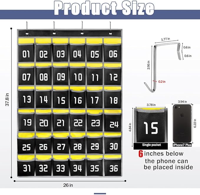 Loghot Numbered Classroom Sundries Closet Pocket Chart for Cell Phones Holder Wall Door Hanging Organizer (36 Pockets Black)