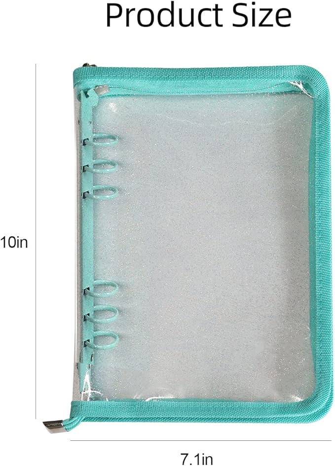 Multibey A5 Binder Cover Clear Soft PVC 6-Ring Binder Budget Evelopes System with Zipper Planner Organizer Refillable Notebook Journal Binder (Cyan, A5)