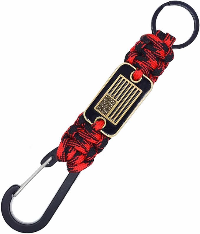 Paracord Keychain with USA Flag, Paracord Carabiner Keychain Clip, Braided Lanyard Utility Ring Hook Outdoor Camping Kit