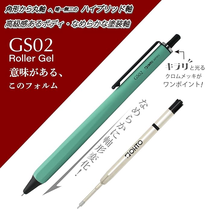 OHTO GS02 Roller Gel Pen, Retractable Needle Tip 0.5mm Fine Point, Mint Green Barrel, Ultra-Quick Drying Black Gel Ink Pen, All-Metal Hybrid Body, GS02-G5-MI