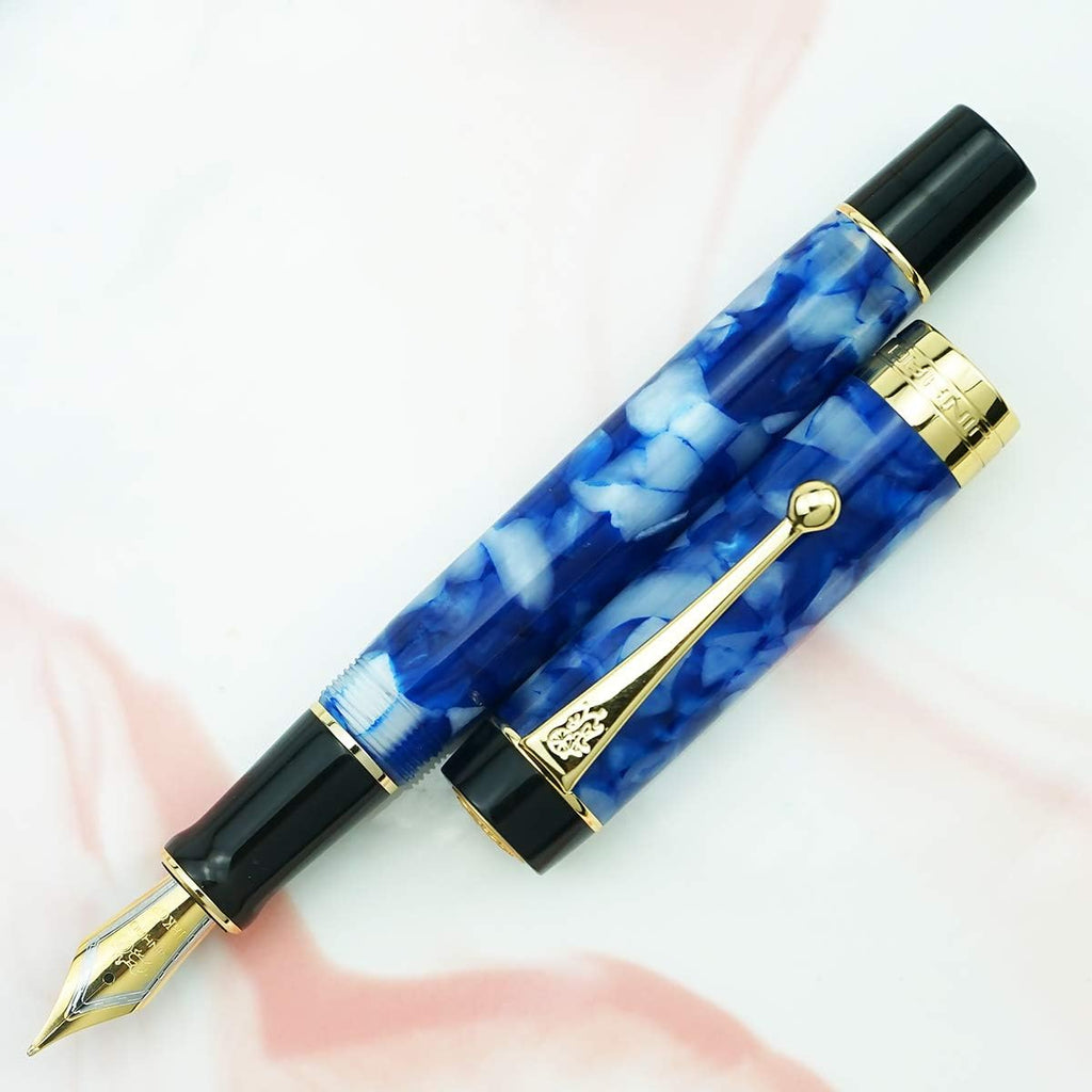 Jinhao 100 Fountain Pen Celluloid Classic Style, #6 Nib Smooth Writing Instrument with Refillable Converter and Pen Case Set