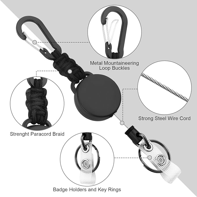Retractable Keychain 4 Pack Heavy Duty Key Rings Retractable Lanyard Badge Holder with Steel Cord Carabiner ID Holder Lanyard Retractable Key Fob Key Ring