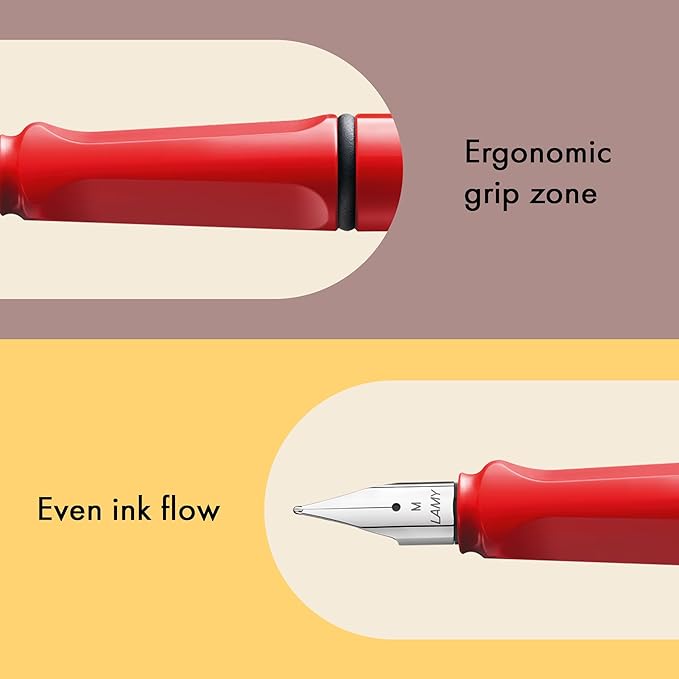 LAMY safari red - Fountain Pen with ergonomic grip & polished steel nib in size F - ideal for any Writing & Calligraphy - including LAMY T 10 blue cartridge - Right-Handed