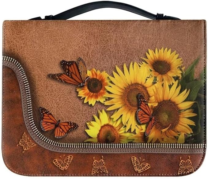 Lotusorchid Butterfly Bible Bags, Sunflower Faux Leather Bible Covers with Handle Pockets for Women, Portable Sturdy Bible Bag for Girls Ages 8-12, Christian Bible Study Accessories, Brown,2XL