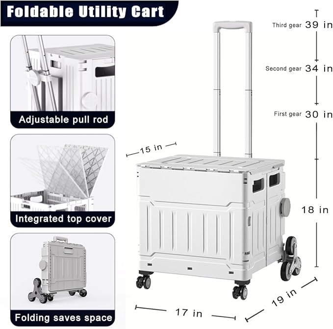 Foldable Utility Cart with Stair Climbing Wheels,Folding Portable Rolling Crate Handcart with Aluminium Alloy Telescoping Handles, Handcart for Grocery Book File Tool Art Supplies