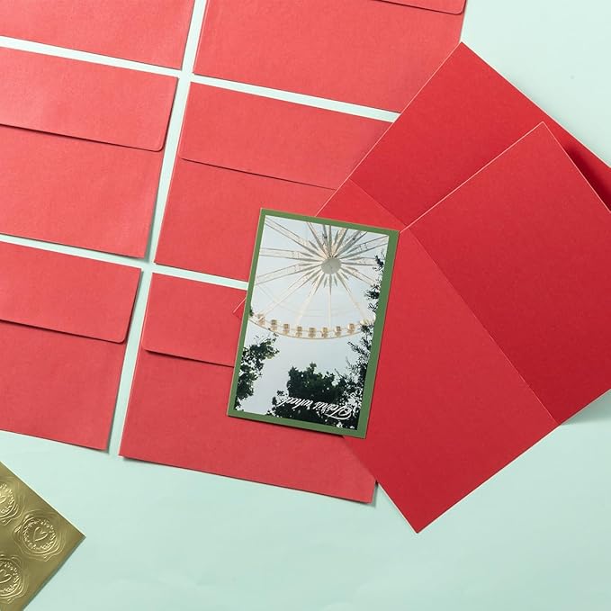 Wishop 50 Pack Shiny Self-Adhesive Envelopes with Shiny Fold Cards for Wedding Invitations, Greeting Cards, Baby Shower, Letter Mailing (Red, 5x7)