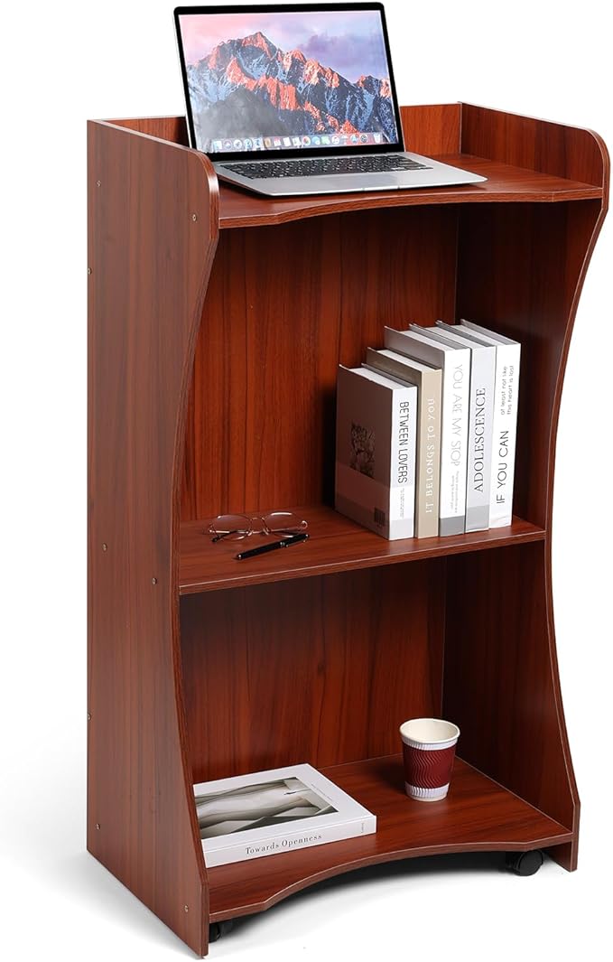 Podium Stand with Wheels, Wooden Versatile Reddish Brown Lectern for Classroom, Church Pulpits, Reception Desks, Lectures, Cash Registers