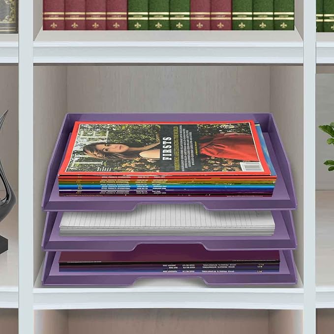 Acrimet Stackable Letter Tray 3 Tier Side Load, Plastic, Desktop File Organizer (Solid Purple Color)