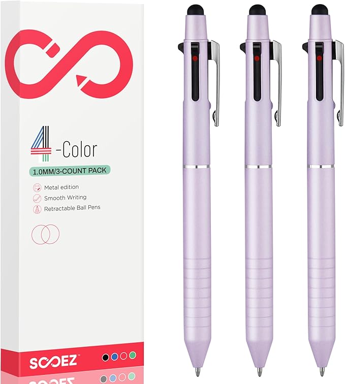 Sooez Multicolor Pen in One, Sleek Metallic 4 Color Ballpoint Pen, Medium Point (1.0mm), Retractable Ball Pen with Stylus Tip, Journaling Planner Pen for Nursing School Office Supplies, 3 Pack, Purple
