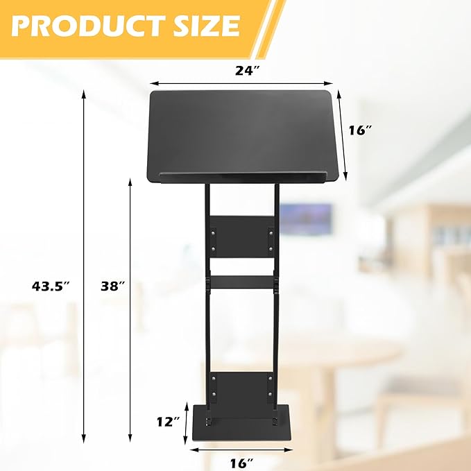 Podium Stand, Lecterns & Podiums, Acrylic Adjustable Angles with Metal Base, Podium for Church, Weddings, Classroom, Speech (Black, 24'' L x 16'' W x 43.5'' H)