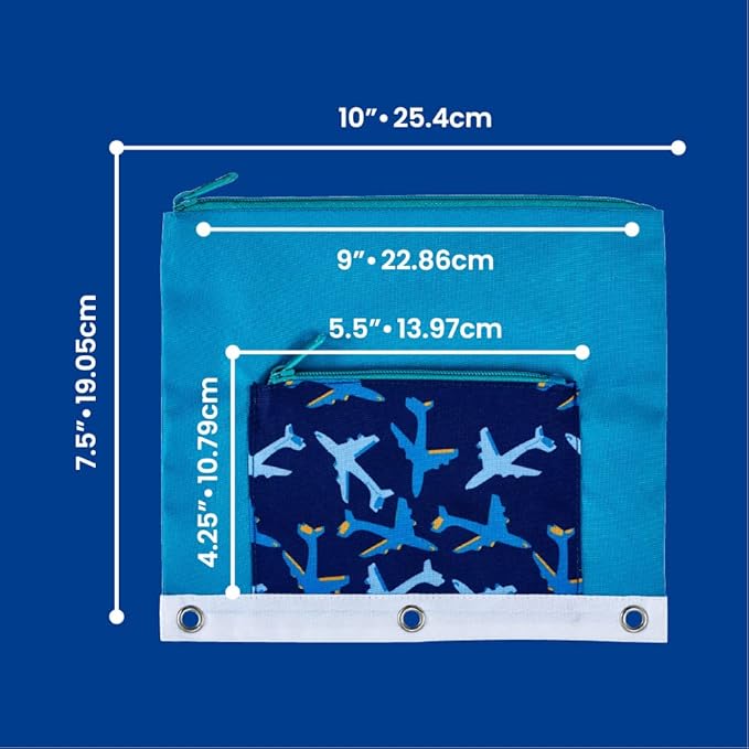 It's Academic Pencil Pouch for 3-Ring Binder, 2-Pockets with Zipper, for School Supplies, Large & Mini Pouch, Navy & Jets Design, 2-Pack