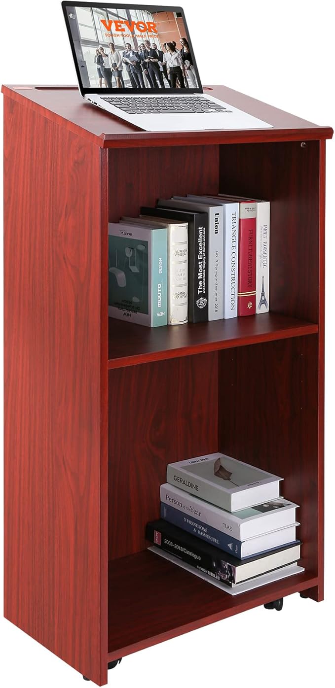 VEVOR Podium Stand, 47 inch Hostess Stand with 4 Rolling Wheels, Wood Podium with Storage Shelves and Slant Desktop, Lecterns & Podiums for Home, Office, School, Church, Brown