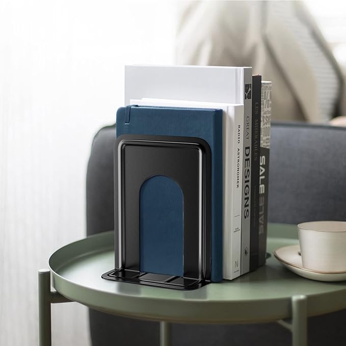 MaxGear Book Ends Universal Premium Bookends for Shelves, Non-Skid Bookend, Heavy Duty Metal Book End, Book Stopper for Books/Movies/CDs/Video Games, 6 x 4.6 x 6 in, Black (4 Pairs/8 Pieces, Large)