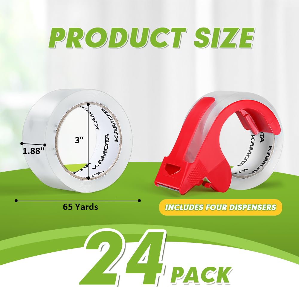 KAMOTA Packing Tape, 24 Rolls Heavy Duty Clear Packaging Tape for Shipping Packaging Moving Sealing, 1.88 inches Wide, 65 Yards Per Roll, Total 1560 Yards with 4 Dispensers