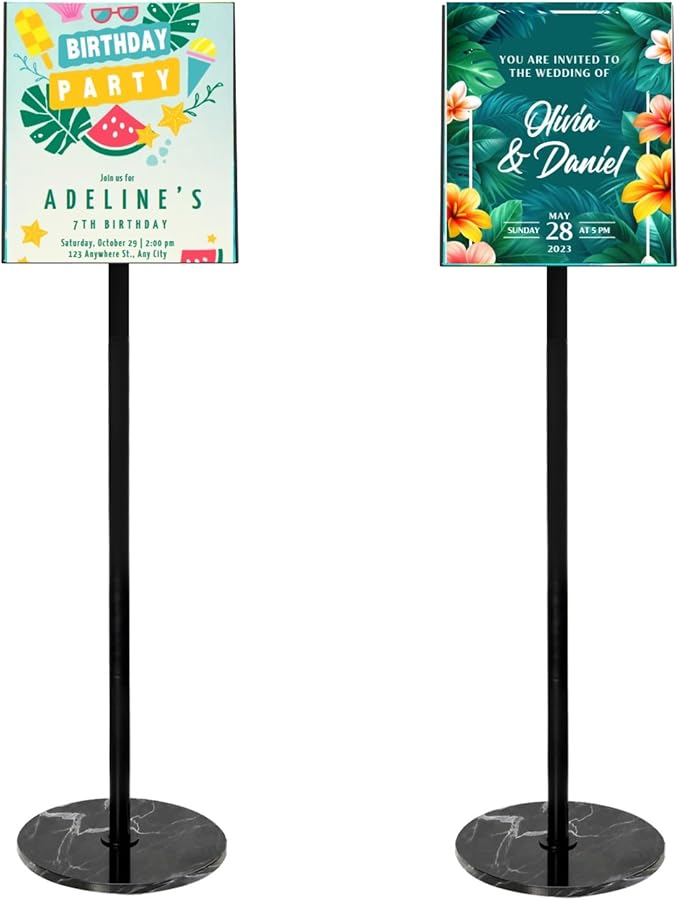 Adjustable Sign Holder 8.5 x 11, Floor Standing Sign Holder with Heavy Duty Marble Pedestal, Both Vertical & Horizontal View Sign Displayed Poster Stand for Store Business Show, 2 PACK（Round）