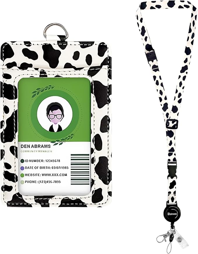 bolimoss Cow Print Lanyards for ID Badges Holder, Leather ID Name Badge Card Holder with Adjustable Retractable Lanyard,Quick Release Buckle & Safety Breakaway Lanyards with Swivel Metal Clasp