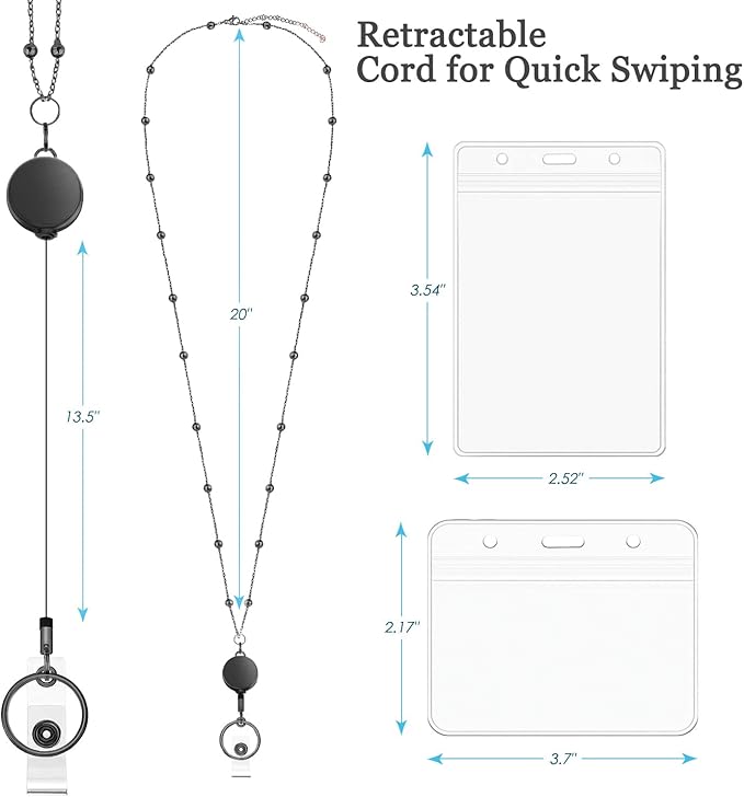 Retractable Badge Reel Lanyard with 2 Pieces ID Holder for Women, Fashion Beaded Chain Premium Stainless Steel Lanyard Necklace Water Resistant Name Badge Holder (Black)