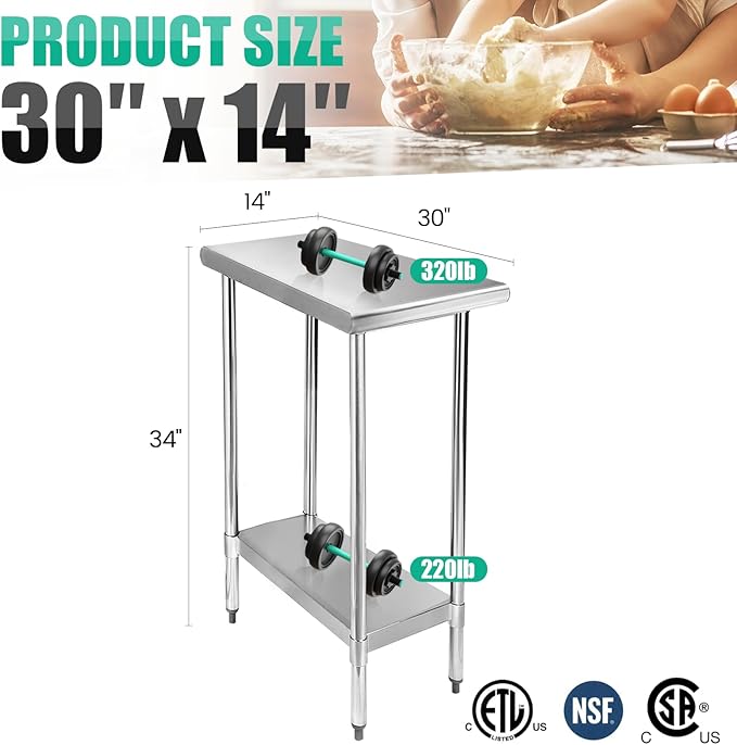 STABLEINK NSF Stainless Steel Table, 30 x 14 Inches Metal Prep & Work Table with Adjustable Undershelf, for Commercial Kitchen, Restaurant, Hotel and Garage,Small Stainless Steel Table