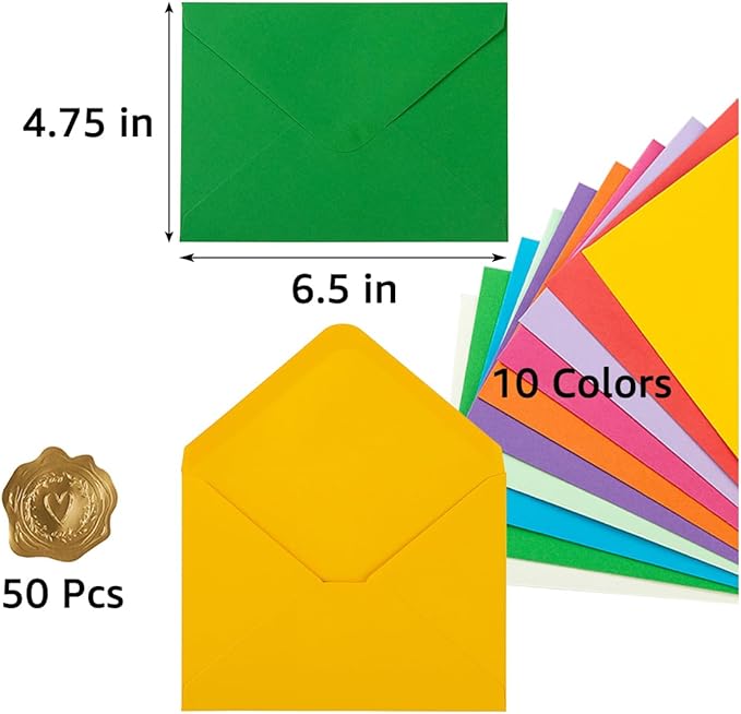 50 Pack A6 Envelopes for 4 x 6 Greeting Cards, Birthday Party, Photos, Baby Shower and Wedding Invitation Cards, 6 1/2 x 4 3/4 Inches (Multicolor)