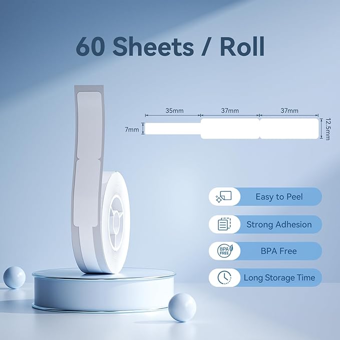 NIIMBOT Thermal Transfer Cable Labels 0.49" x 4.29", Only for B18 Label Maker, PET Material, Waterproof and High-Temperature Resistance, Long Storage Time, 1 Roll of 60, White