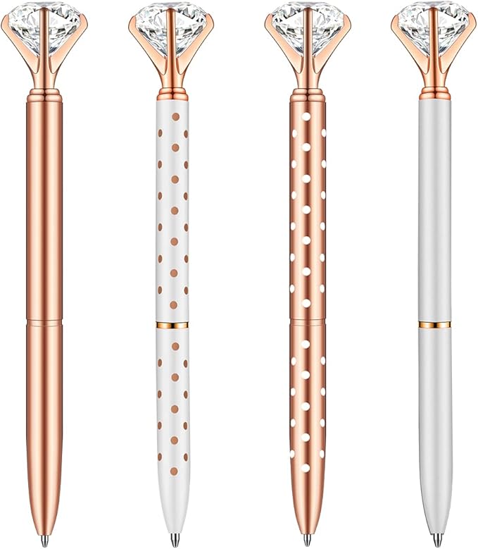 PASISIBICK 4 PCS Diamond Pens Bling Crystal Metal Ballpoint Pen Office Supplies, Rose Gold/Silver/White With Rose Polka Dots/Rose Gold With White Polka Dots, Includes 4 Pen Refills