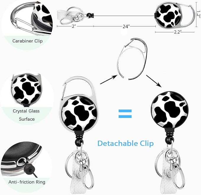 Cute Cow Badge Reel Retractable Heavy Duty with 360 Degrees Rotate Carabiner Clip, ID Badge Holder with Detachable Lanyard, ID Holder ID Clip Name Badge Keychain, Nurse Teacher Offfice Gifts